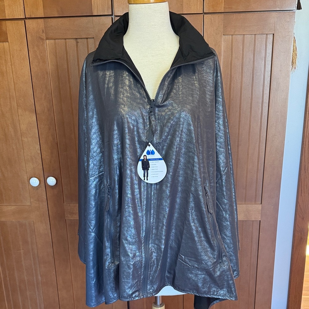Rainraps reversible Metallic Silver Zip-Up rain Cape NWT